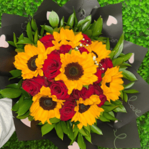 Ramo radiante de rosas y girasoles